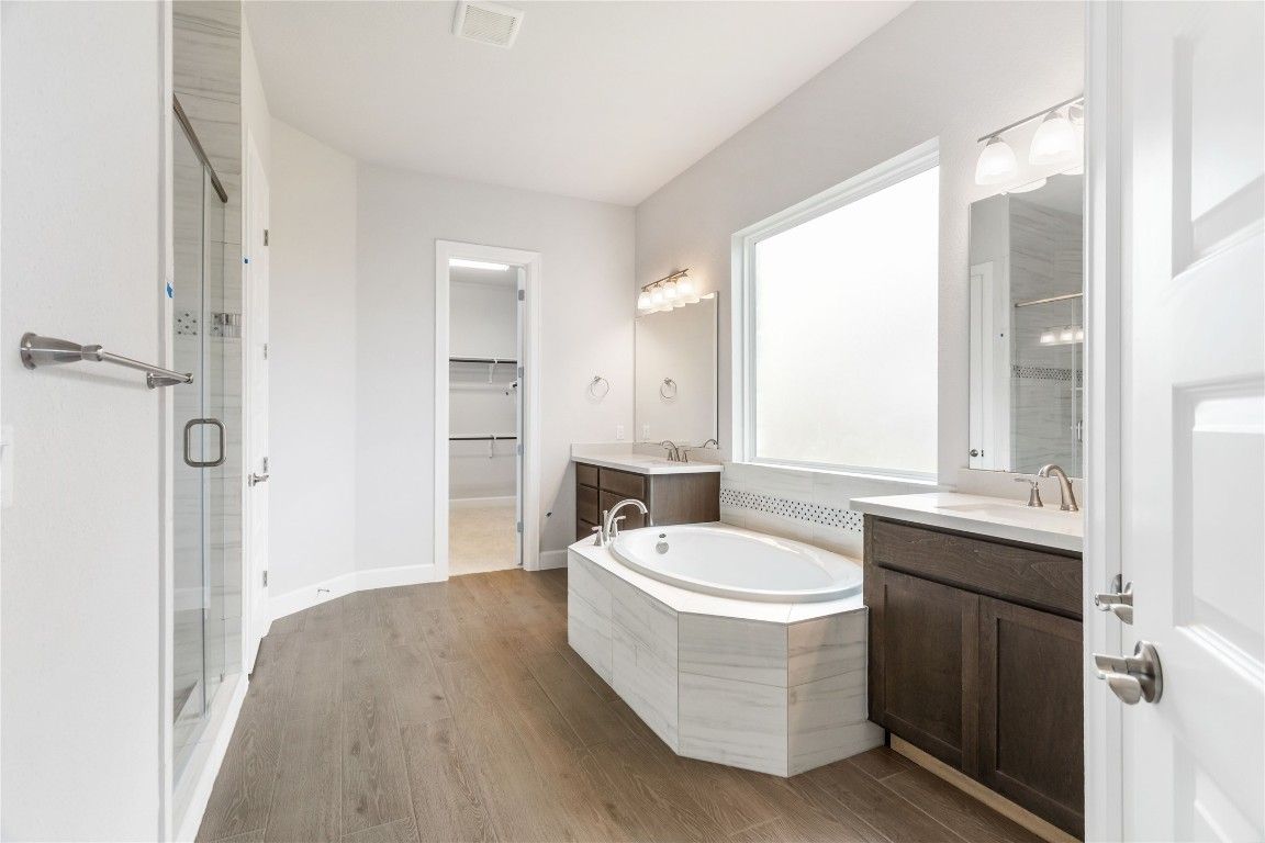 Bathroom, Dual Sink Vanities, Glass Shower, Interior, Wood Texture Flooring