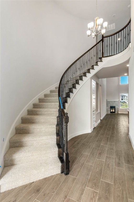 Chandelier, Fireplace, Interior, Wood Texture Flooring