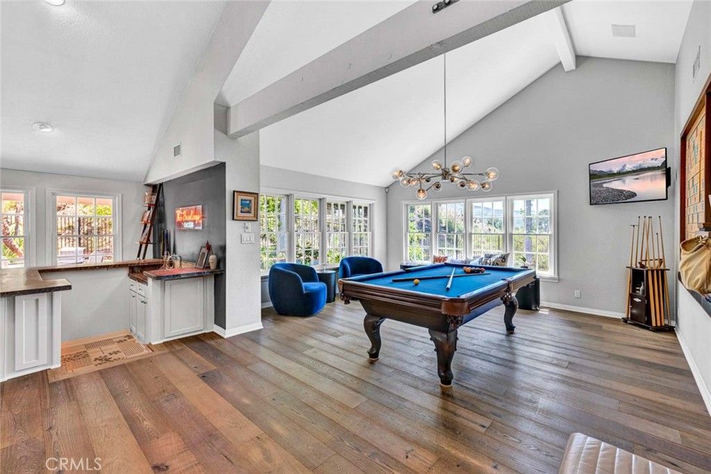 Billiard Table, Game Room, Interior, Pendant Lights, Wood Texture Flooring