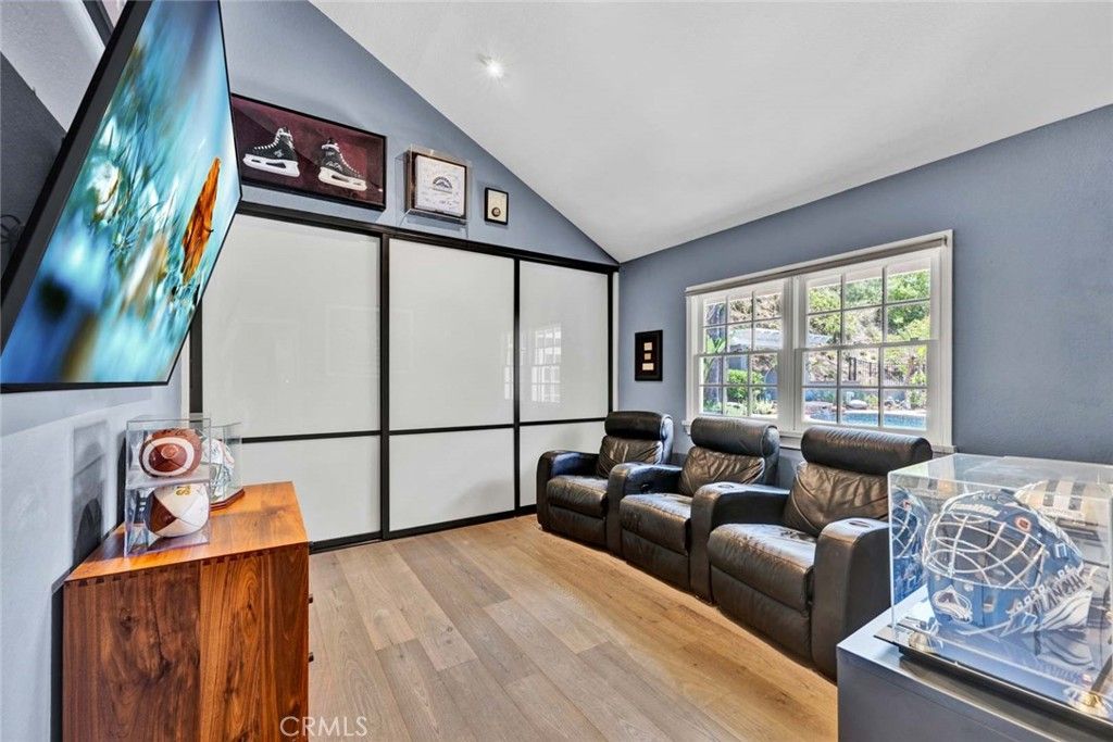 Interior, Living room, Projection Screen, Recessed Lighting, Theatre Room, Wood Texture Flooring