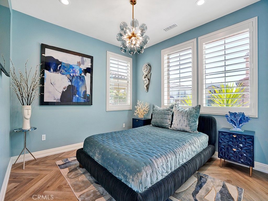 Bedroom, Interior, Pendant Lights, Recessed Lighting, Wood Texture Flooring