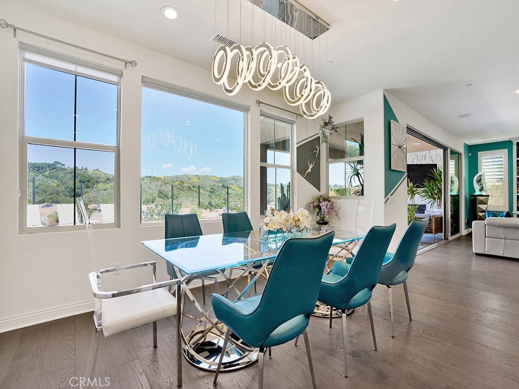 Dining room, Interior, Pendant Lights, Recessed Lighting, Wood Texture Flooring