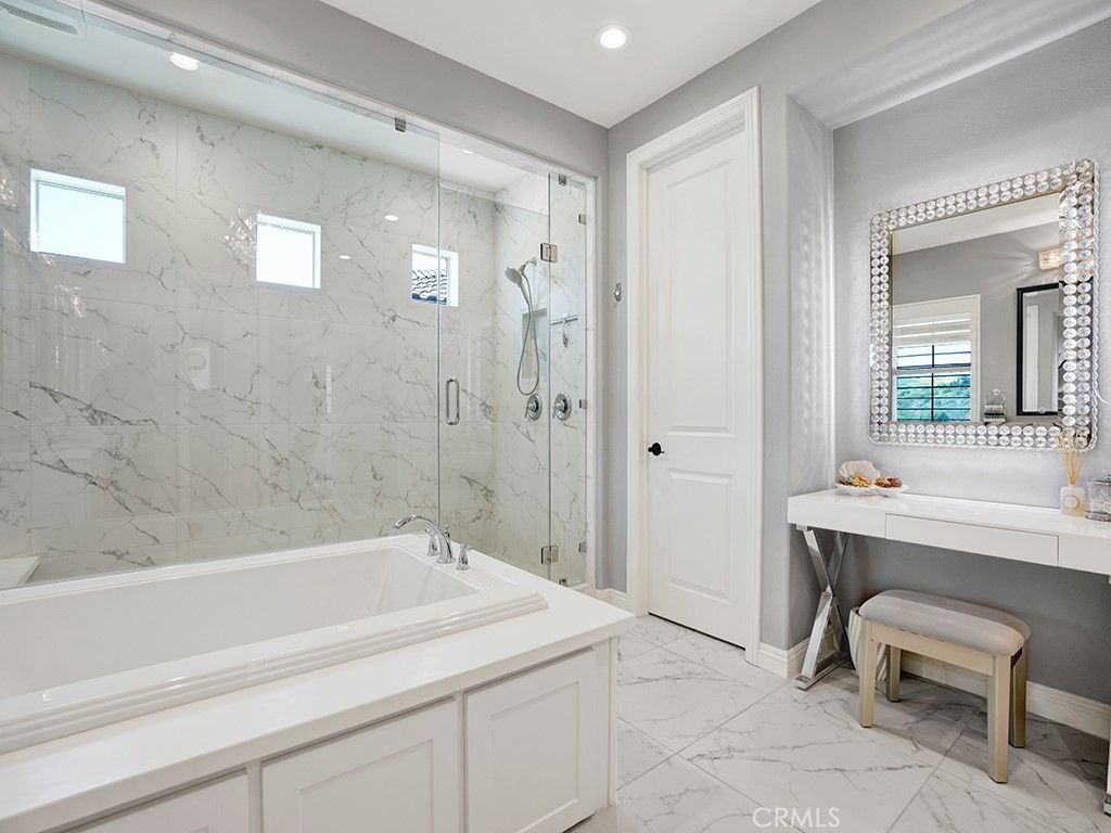 Bathroom, Glass Shower, Interior, Marble, Marble Walls, Recessed Lighting