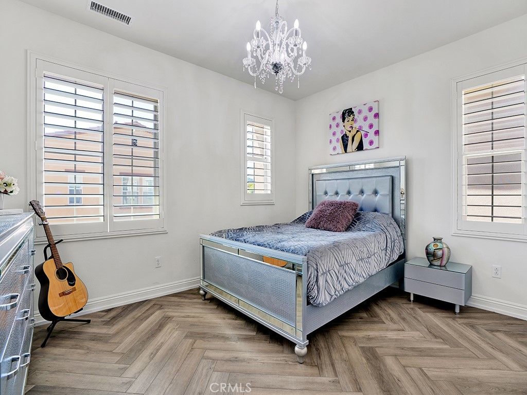 Bedroom, Chandelier, Interior, Wood Texture Flooring