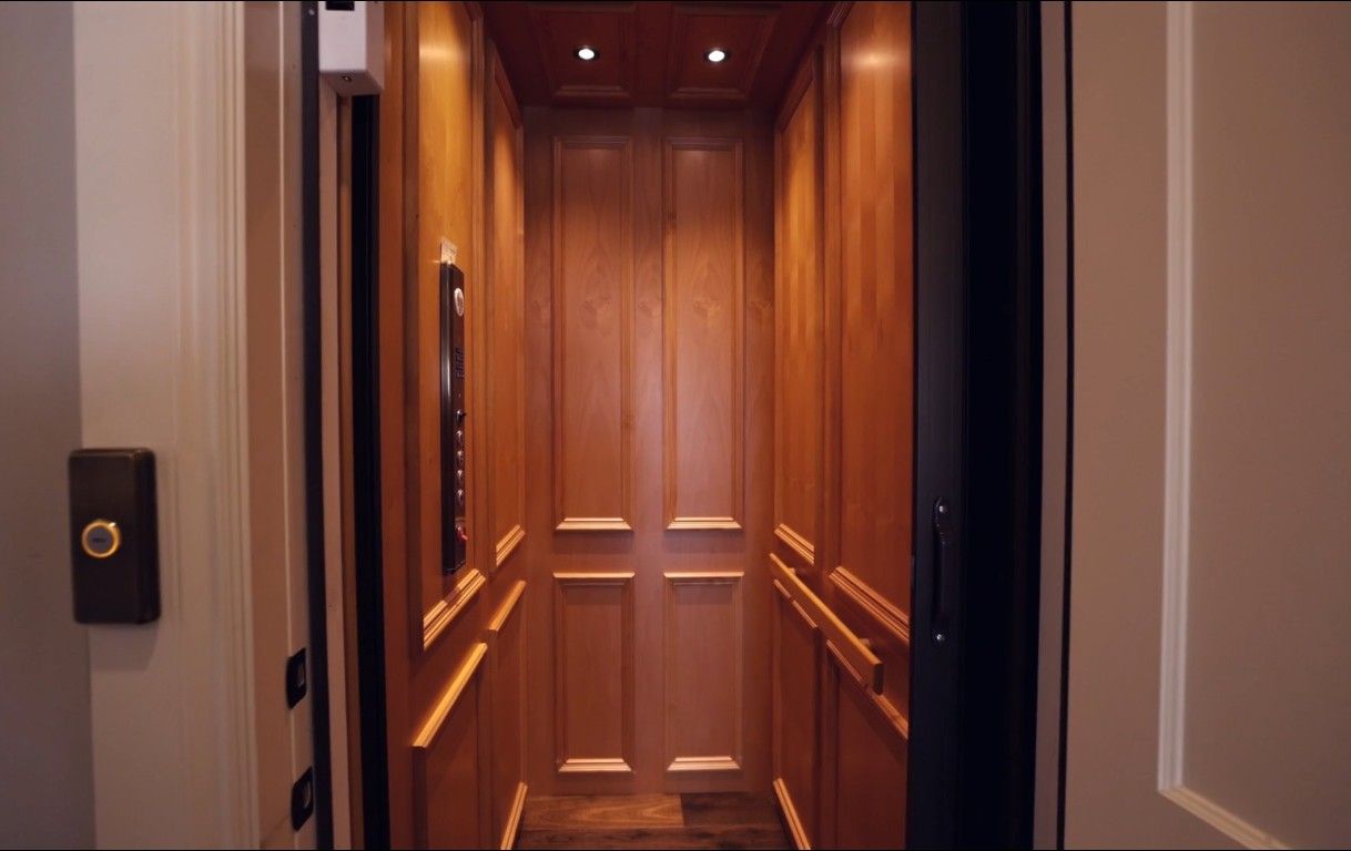 Elevator, Interior, Recessed Lighting, Wooden Ceilings, Wood Texture Flooring, Wooden Walls