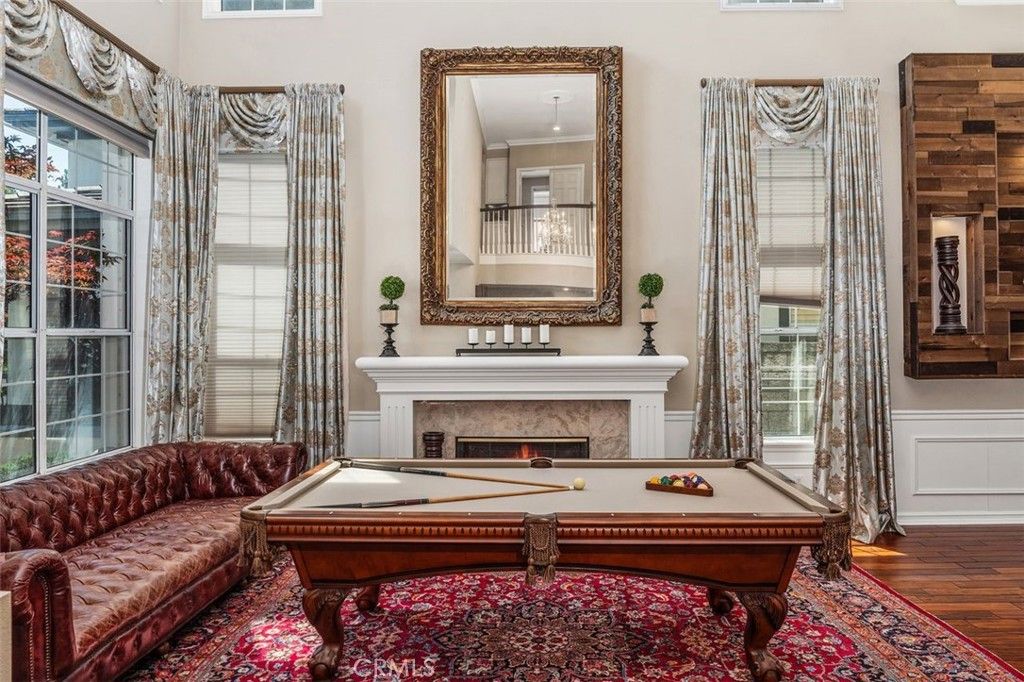 Billiard Table, Fireplace, Game Room, Interior, Wood Texture Flooring