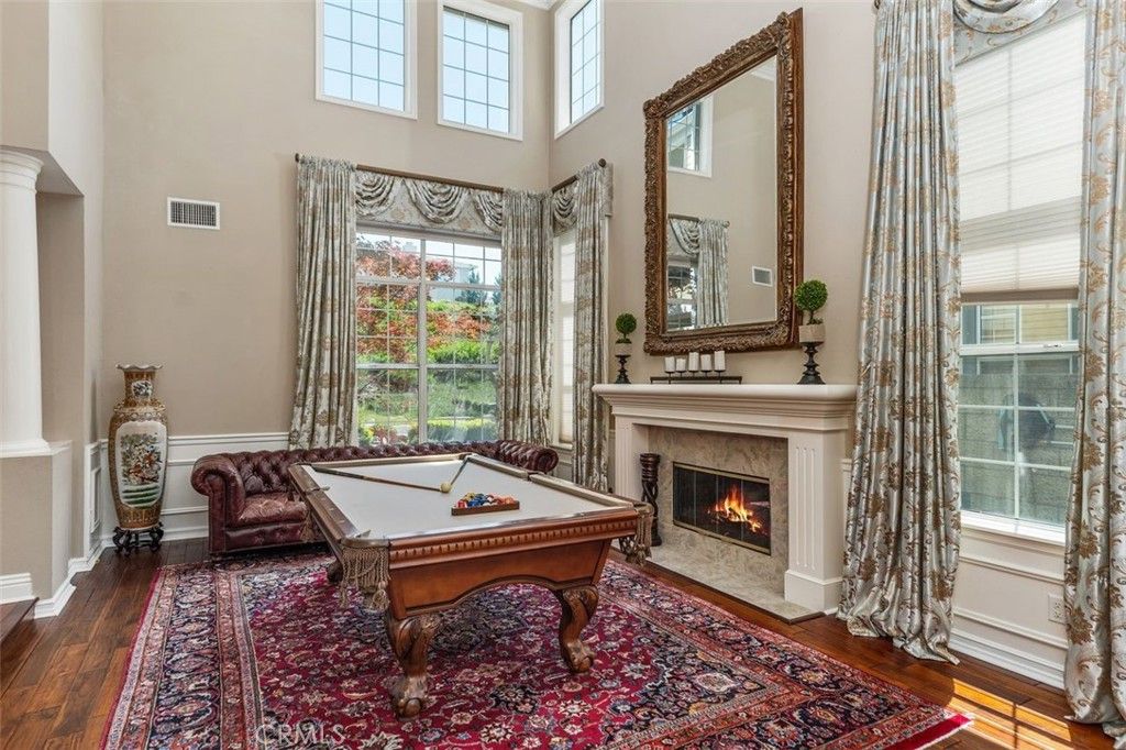 Billiard Table, Fireplace, Game Room, Interior, Wood Texture Flooring