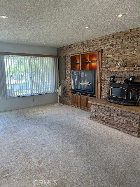 Empty room, Fireplace, Interior, Recessed Lighting, Stone Walls