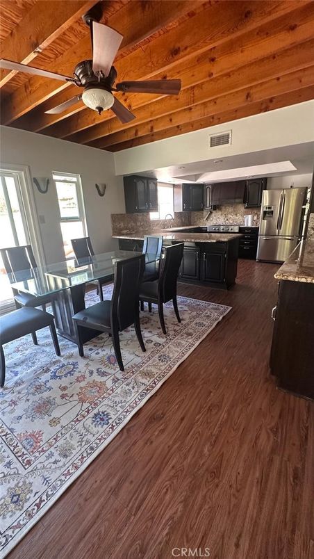 Dining room, Interior, Kitchen, Stainless Steel Appliances, Wooden Beams, Wooden Ceilings, Wood Texture Flooring