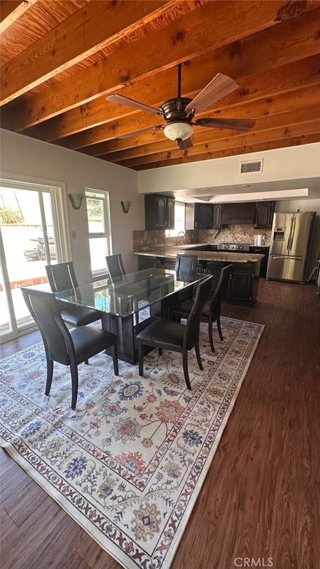 Dining room, Interior, Kitchen, Stainless Steel Appliances, Wooden Beams, Wooden Ceilings, Wood Texture Flooring