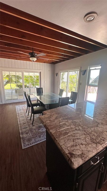 Dining room, Interior, Recessed Lighting, Wooden Beams, Wooden Ceilings, Wood Texture Flooring