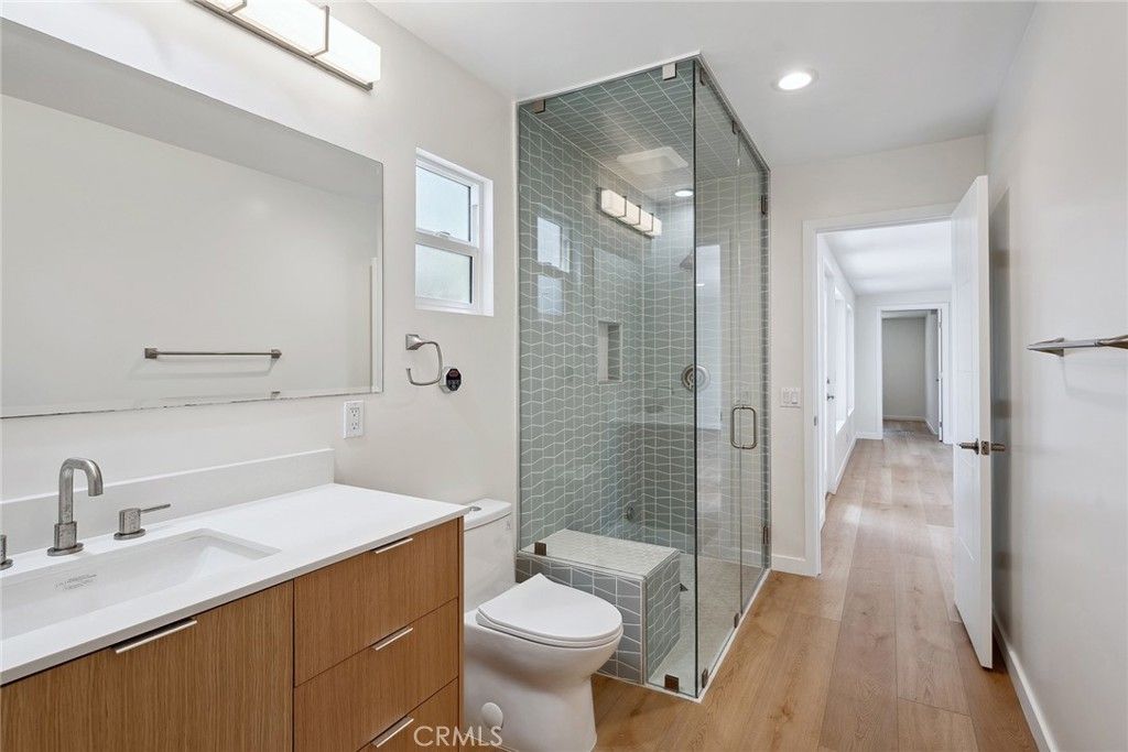 Bathroom, Glass Shower, Interior, Recessed Lighting, Wood Texture Flooring