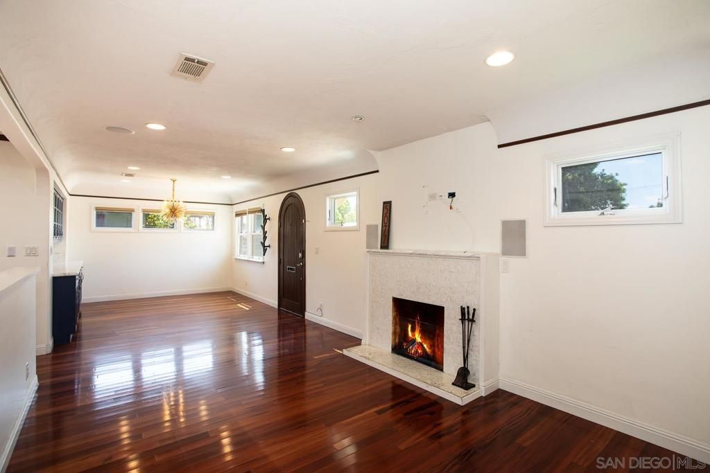 Empty room, Fireplace, Interior, Recessed Lighting, Wood Texture Flooring