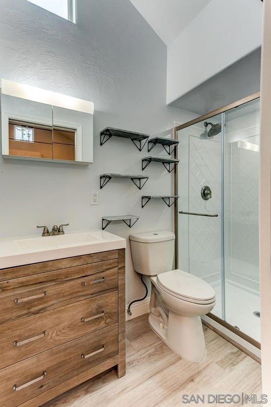 Bathroom, Glass Shower, Interior, Wood Texture Flooring