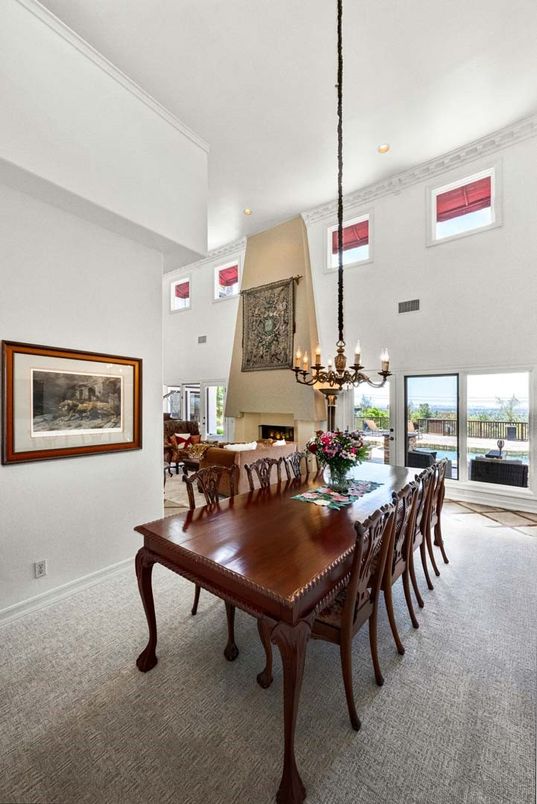 Chandelier, Dining room, Fireplace, Interior, Living room, Recessed Lighting