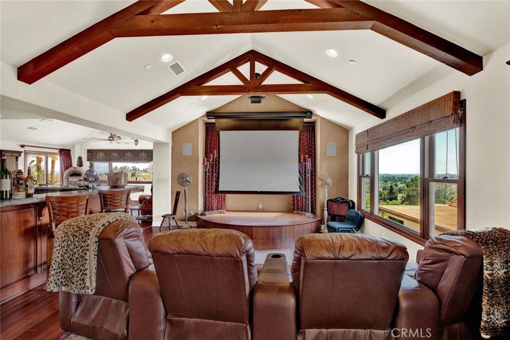 Home Theatre Room, Interior, Projection Screen, Recessed Lighting, Theatre Room, Wooden Beams, Wood Texture Flooring