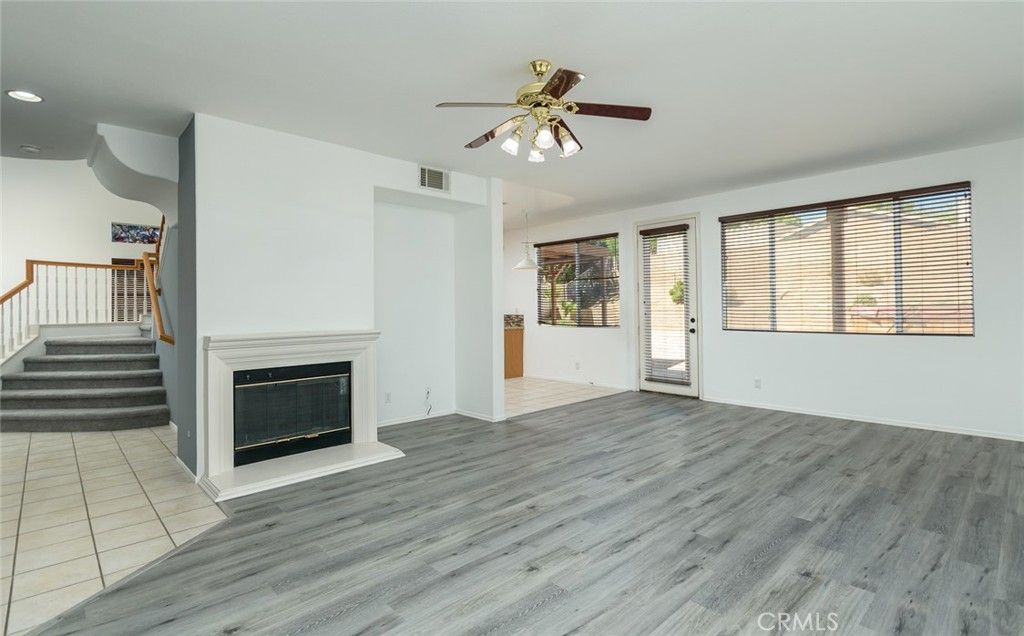 Empty room, Fireplace, Interior, Recessed Lighting, Wood Texture Flooring