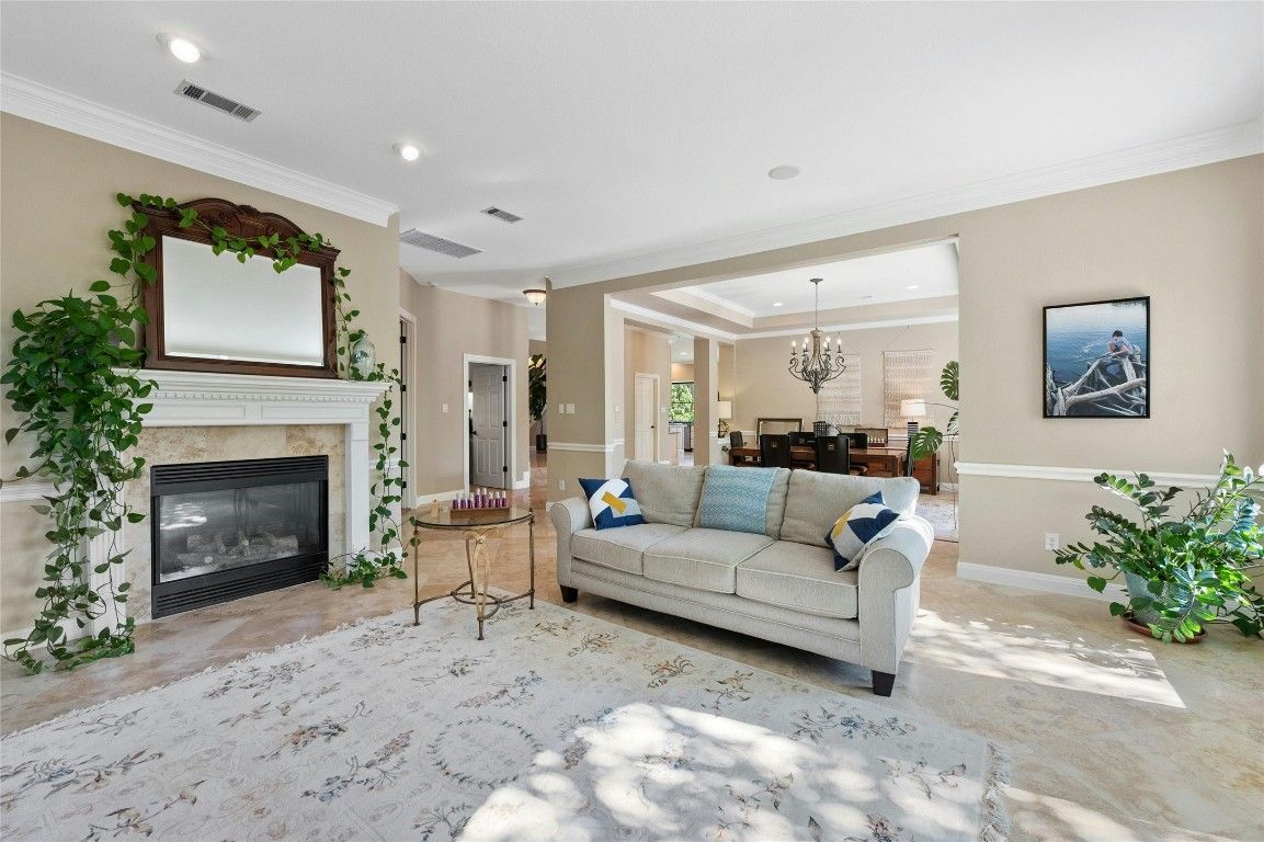 Chandelier, Dining room, Fireplace, Interior, Living room, Recessed Lighting