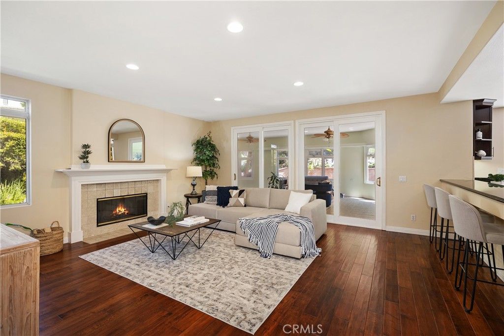 Fireplace, Interior, Living room, Recessed Lighting, Wood Texture Flooring