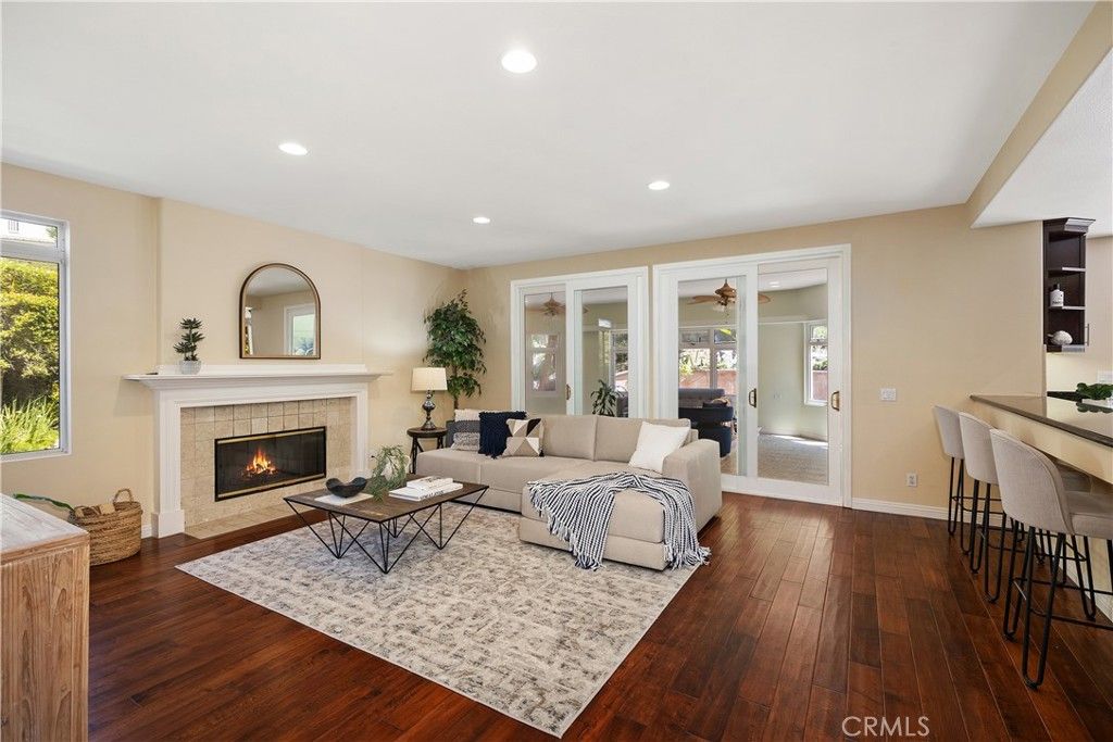 Fireplace, Interior, Living room, Recessed Lighting, Wood Texture Flooring