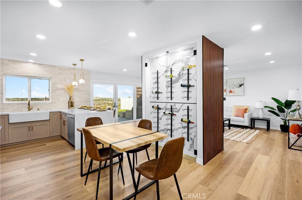 Dining room, Interior, Kitchen, Pendant Lights, Recessed Lighting, Wine Storage, Wood Texture Flooring