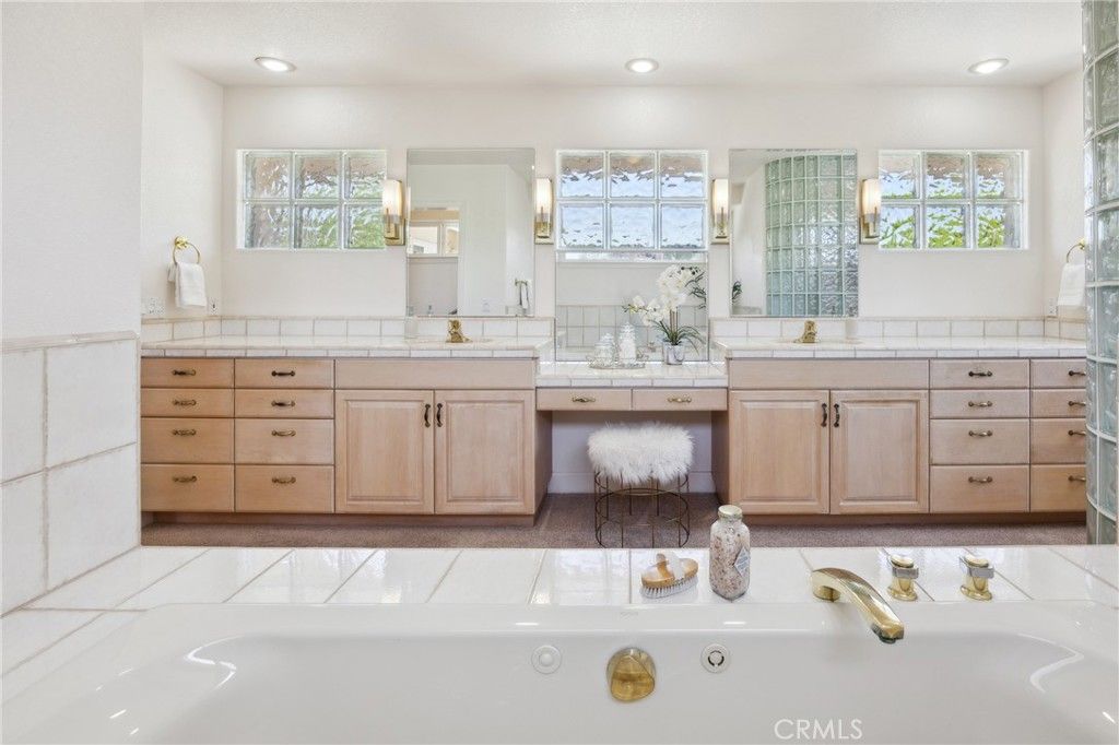 Bathroom, Dual Sink Vanities, Interior, Recessed Lighting, Tile Countertops