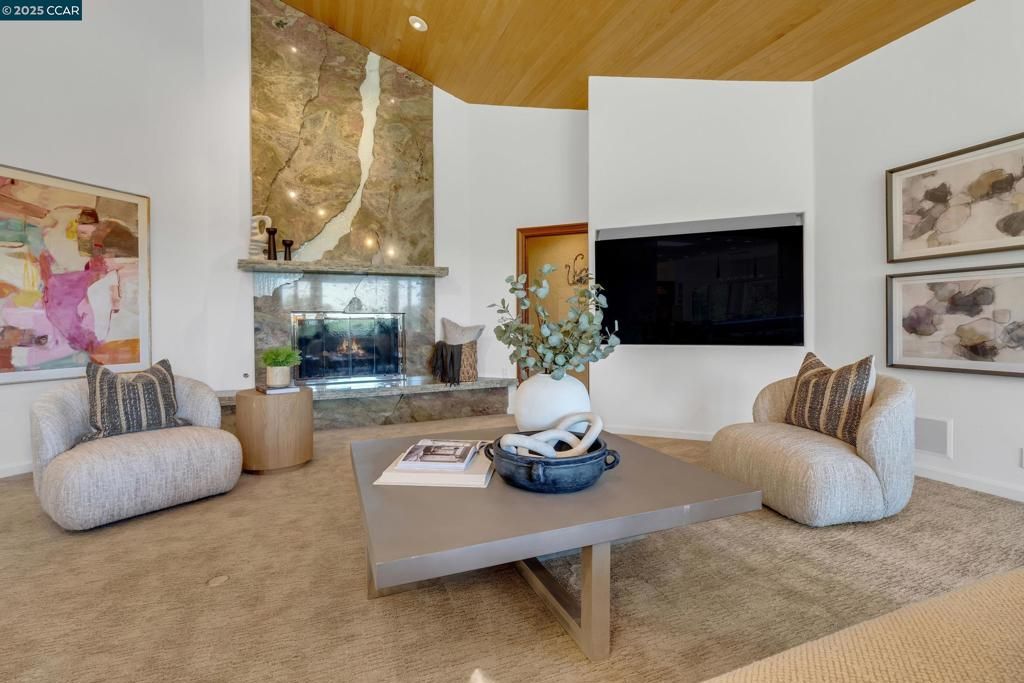 Fireplace, Interior, Living room, Recessed Lighting, Wooden Ceilings