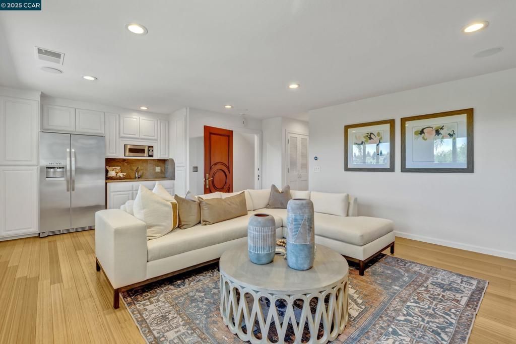 Interior, Kitchen, Living room, Recessed Lighting, Stainless Steel Appliances, Wood Texture Flooring