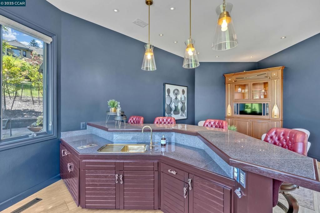 Dining room, Interior, Pendant Lights, Recessed Lighting, Wood Texture Flooring