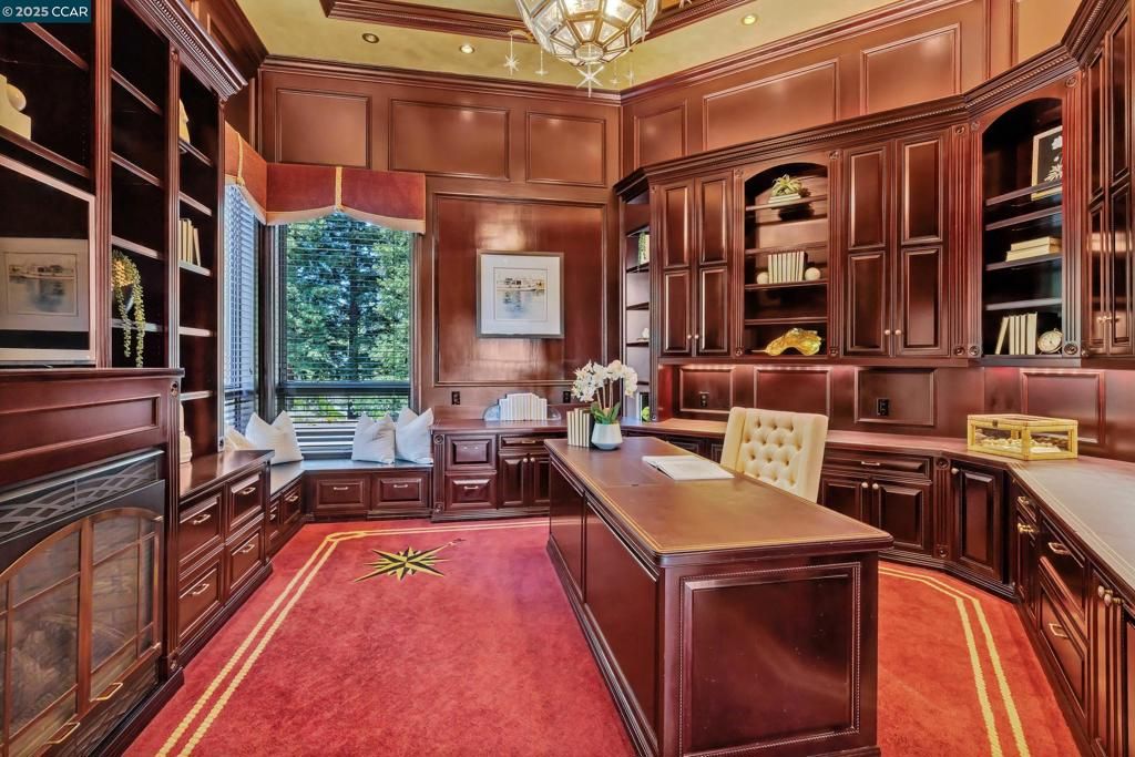 Chandelier, Fireplace, Home Office, Interior, Recessed Lighting, Wooden Walls