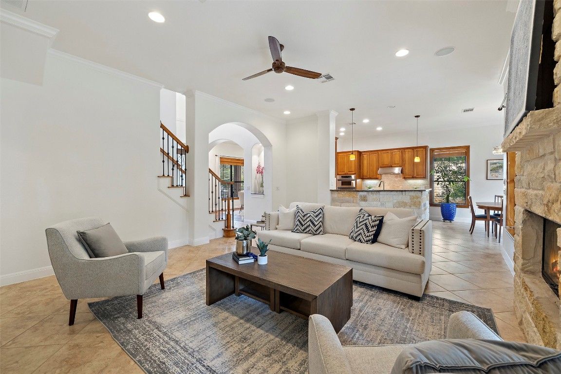 Dining room, Fireplace, Interior, Kitchen, Living room, Pendant Lights, Recessed Lighting