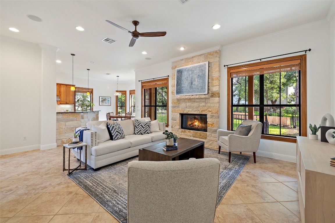 Fireplace, Interior, Living room, Pendant Lights, Recessed Lighting, Stone Walls