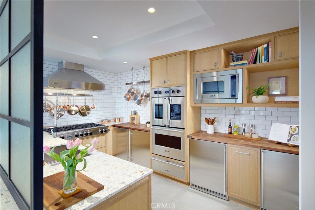 Interior, Kitchen, Recessed Lighting, Stainless Steel Appliances, Stone Walls