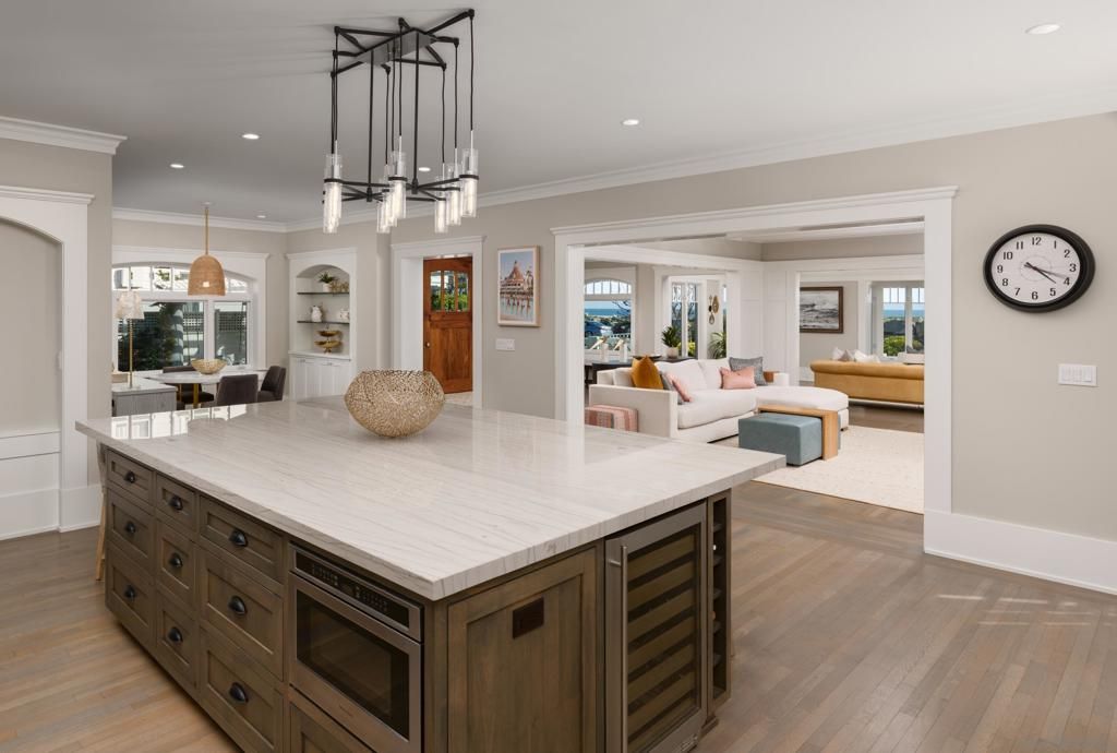 Dining room, Interior, Kitchen, Living room, Pendant Lights, Recessed Lighting, Wood Texture Flooring