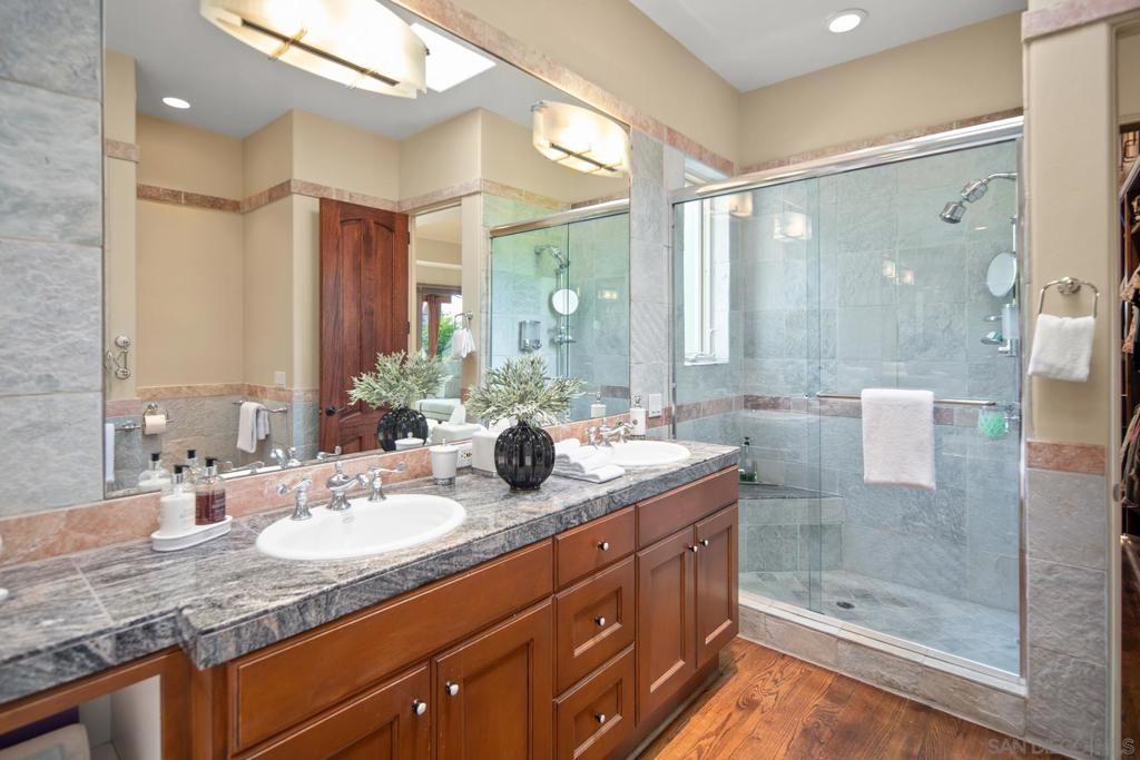 Bathroom, Dual Sink Vanities, Glass Shower, Interior, Recessed Lighting, Wood Texture Flooring