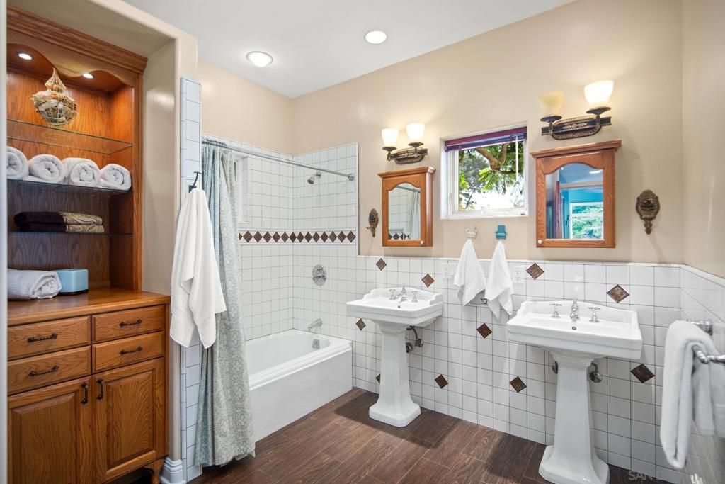 Bathroom, Dual Sink Vanities, Interior, Recessed Lighting, Wood Texture Flooring