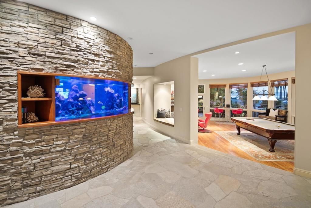 Billiard Table, Game Room, Interior, Pendant Lights, Recessed Lighting, Stone Walls