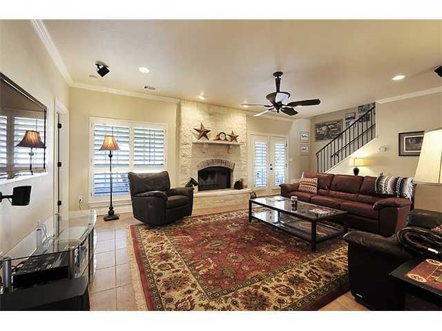 Fireplace, Interior, Living room, Recessed Lighting, Stone Walls