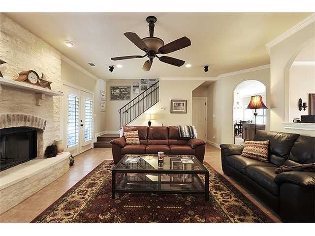 Fireplace, Interior, Living room, Recessed Lighting, Stone Walls