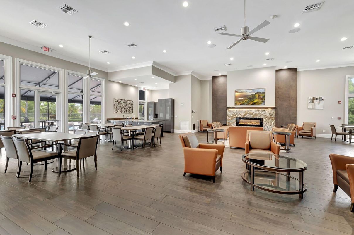 Dining room, Fireplace, Interior, Living room, Pendant Lights, Recessed Lighting, Wood Texture Flooring