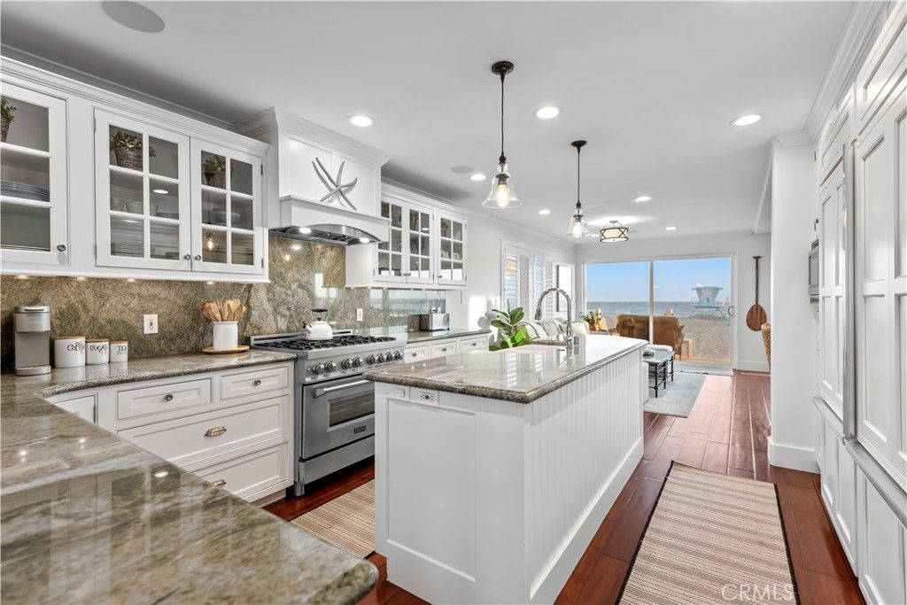 Interior, Kitchen, Pendant Lights, Recessed Lighting, Stainless Steel Appliances, Water, Wood Texture Flooring