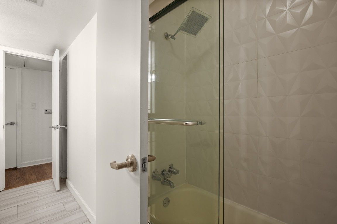 Bathroom, Glass Shower, Interior, Wood Texture Flooring