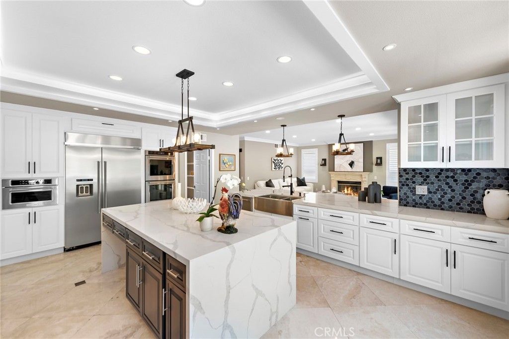 Fireplace, Interior, Kitchen, Pendant Lights, Recessed Lighting, Stainless Steel Appliances