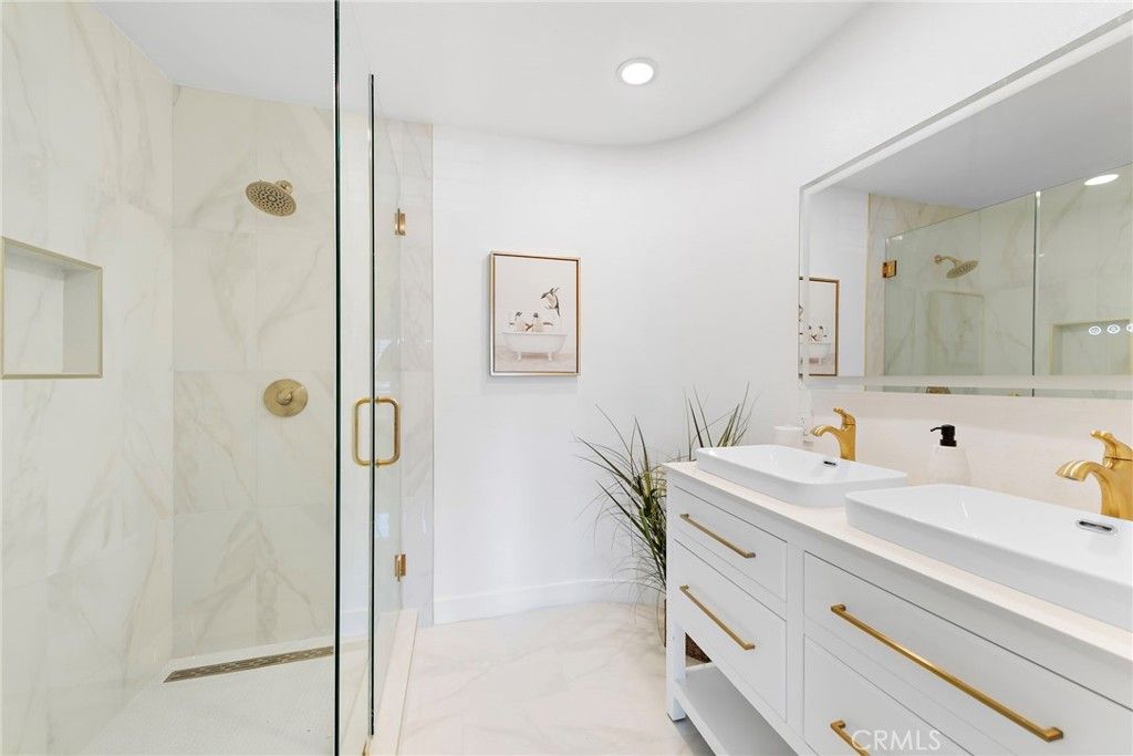 Bathroom, Dual Sink Vanities, Glass Shower, Interior, Marble, Marble Walls, Recessed Lighting