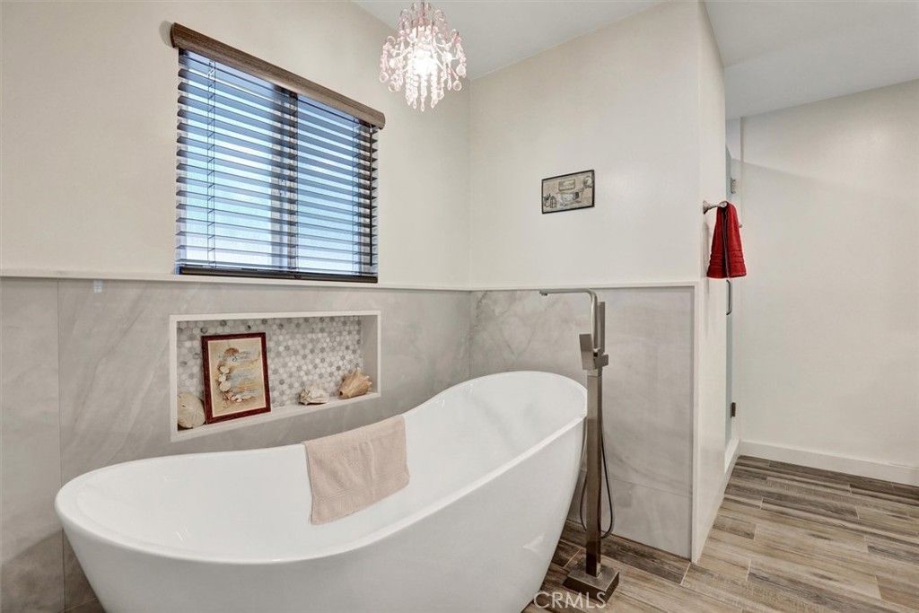 Bathroom, Chandelier, Free Standing Baths, Interior, Wood Texture Flooring