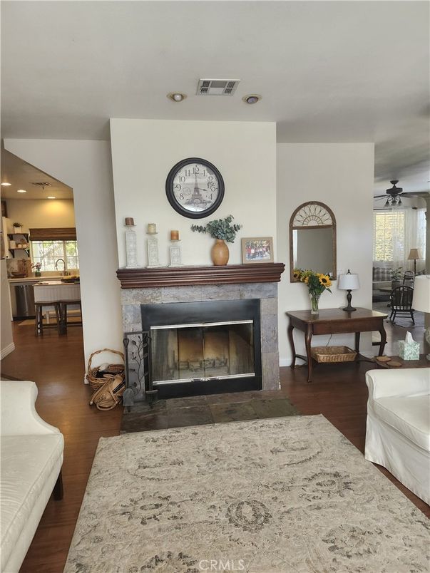 Fireplace, Interior, Kitchen, Living room, Recessed Lighting, Wood Texture Flooring