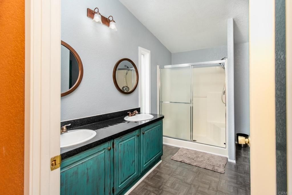 Bathroom, Dual Sink Vanities, Glass Shower, Interior, Wood Texture Flooring