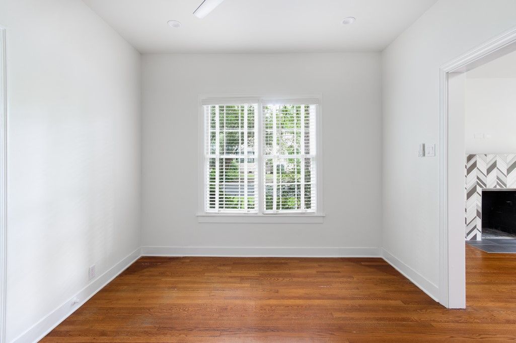Empty room, Fireplace, Interior, Recessed Lighting, Wood Texture Flooring