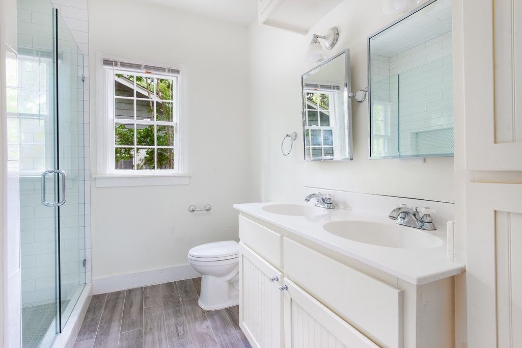 Bathroom, Glass Shower, Interior, Wood Texture Flooring