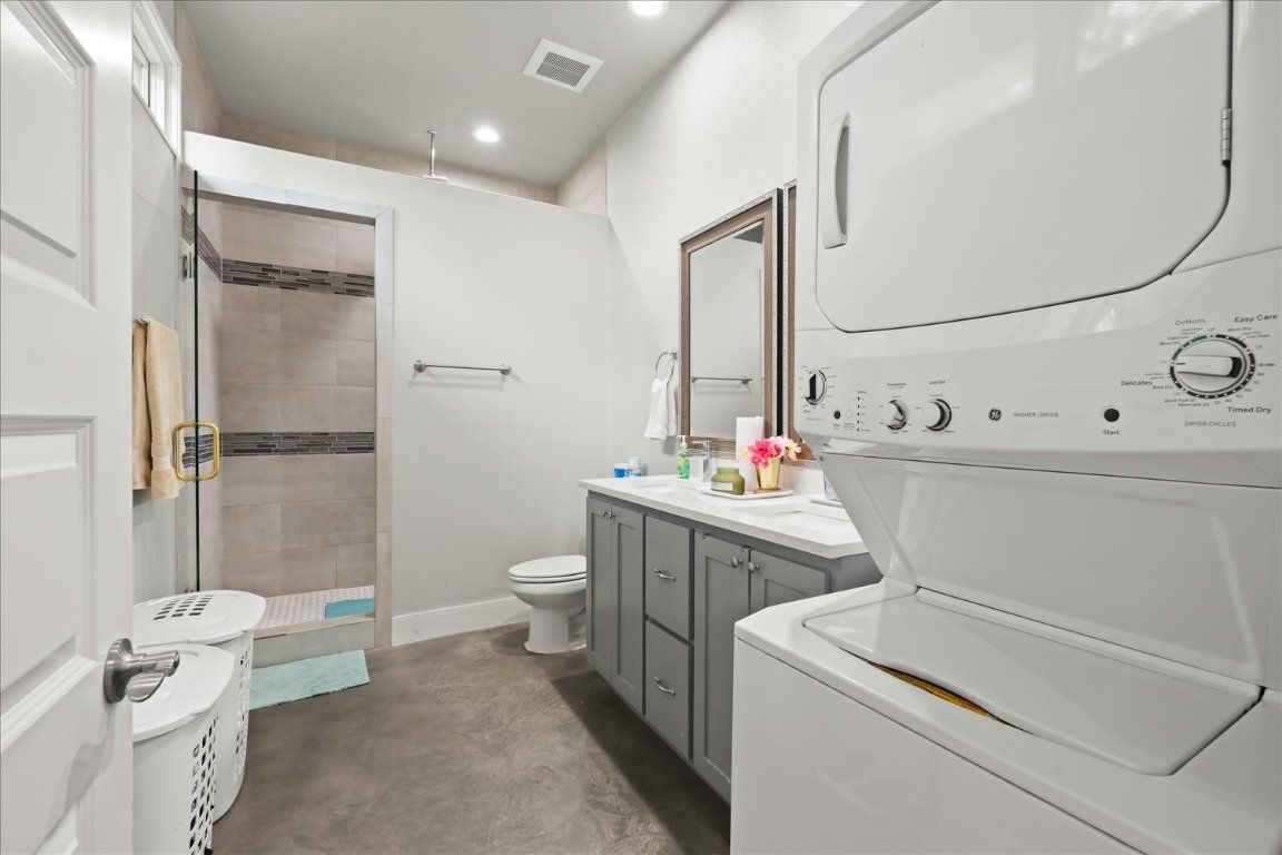 Bathroom, Glass Shower, Interior, Recessed Lighting, Washer